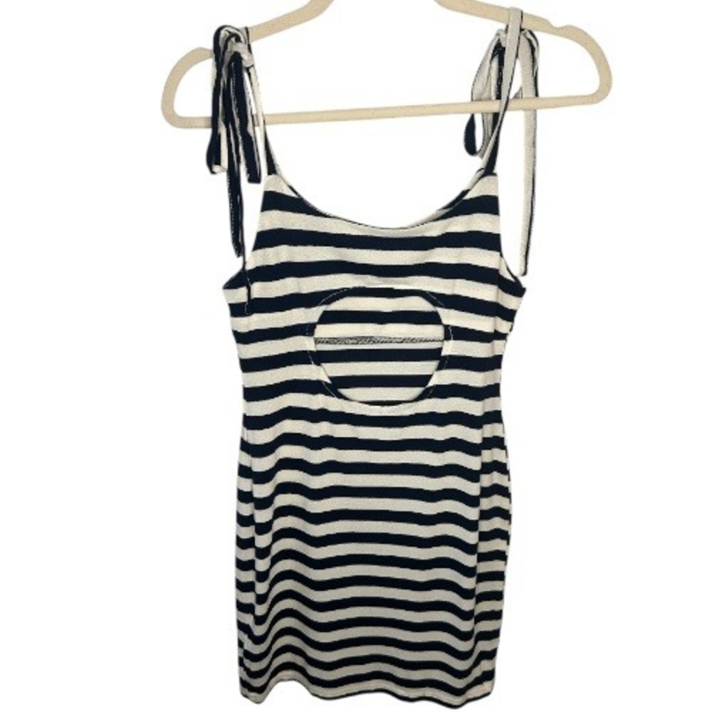 NWT En Creme Navy White Striped Dress Small Tie Strap Knit Cutout Back - Picture 2 of 6